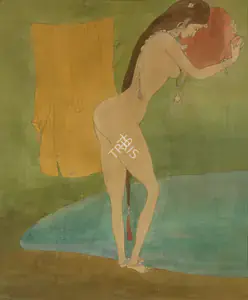 Chughtai, M.A.R. (Artist). Bathing Day (Kashmiri Girl Removing Her Dress to Take a Bath in Pond of Water), Late 1960s | Painting