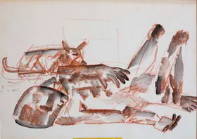 Hore, Somnath (Artist). Untitled (Lying man with Dog), 1982 | Painting