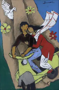 Husain, M.F. (Artist). It has to be an Italian invention of Vespa scooters to make lovers embrace eah other, c. late 1980s | Painting