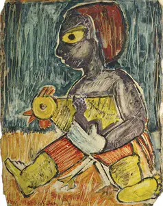 Sen, Sunil Madhav (Artist). Child With Cock, late 1950s | Painting