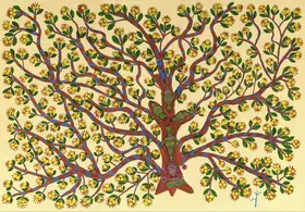 Baiga, Jodhaiya Bai (Artist). Mahua Tree, Green Parrots and the Goddess Mahua (Gond), 2021 | Painting