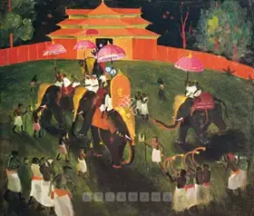 Hebbar, K.K. (Artist). Elephant Parade At Night, n.d. | Painting
