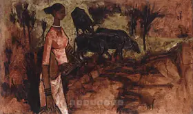 Prabha, B. (Artist). Untitled (Woman With Bulls), 1962 | Painting