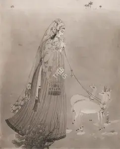 Chughtai, M.A.R. (Artist). Untitled (Laila with Deer), n.d. | Graphic Art