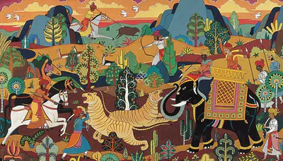 Mangalsinhji, Kumar (Artist). Kotah Hunting Scene, late 1940s | Painting