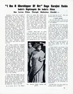 "I am a Worshipper of Art" says Sarojini Naidu. In <i>Filmindia.</i> 9(1). January 1943 | Conversation | 00858716