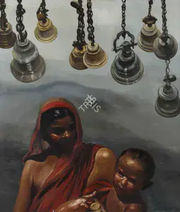 Bhattacharjee, Bikash (Artist). Mother, Child and Bells, 1987 | Painting
