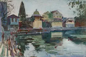 Langhammer, Walter (Artist). Untitled (Banganga Tank and Walkeshwar Temples, Bombay), n.d. | Painting