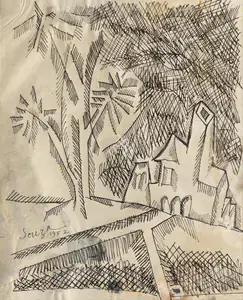 Souza, F.N. (Artist). Landscape with House, 1952 | Drawing