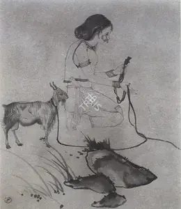 Bose, Nandalal (Artist). Girl With Goat, n.d. | Drawing