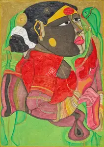 Vaikuntam, Thota (Artist). Untitled (Woman with Parrot), c.2000s | Painting