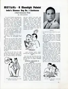 Hyacinth (Essayist). Motilal- A Moonlight Palmist - India's Glamour Boy No. 1 Confesses - A Bad Insurance Risk. In <i>Filmindia.</i> 7(8), pp. 41, 43, 64. Bombay: Baburao Patel, August 1941 | Essay | CinemaEducation | 00858720