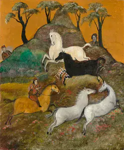 Sohail, Tasadduq (Artist). Untitled (A Rider Rounding up Horses), n.d. | Painting