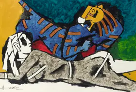 Husain, M.F. (Artist). Untitled (Lady and the Tiger), n.d. | Painting