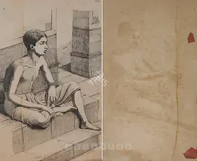 Bagchi, Ananda (Artist). No. 19 (Boy Sitting On Footsteps) (Double-Sided), 1875-1900 | Drawing