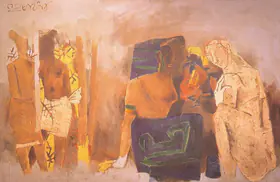 Husain MF Artist Figures in Landscape Kerala Series Oil on canvas 1967 Painting FineArts 00371227