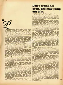 Bharathi, N. (Interviewer). Don't praise her dress. She may jump out of it. In <i>Sunday.</i> 2(27), p. 23. Calcutta: Ananda Bazar Patrika, 15 September 1974 | Conversation | CinemaEducation | 00802345