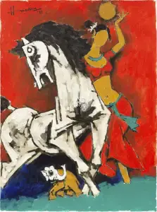 Husain, M.F. (Artist). Untitled (Lady, Horse and Elephant), 1993 | Painting