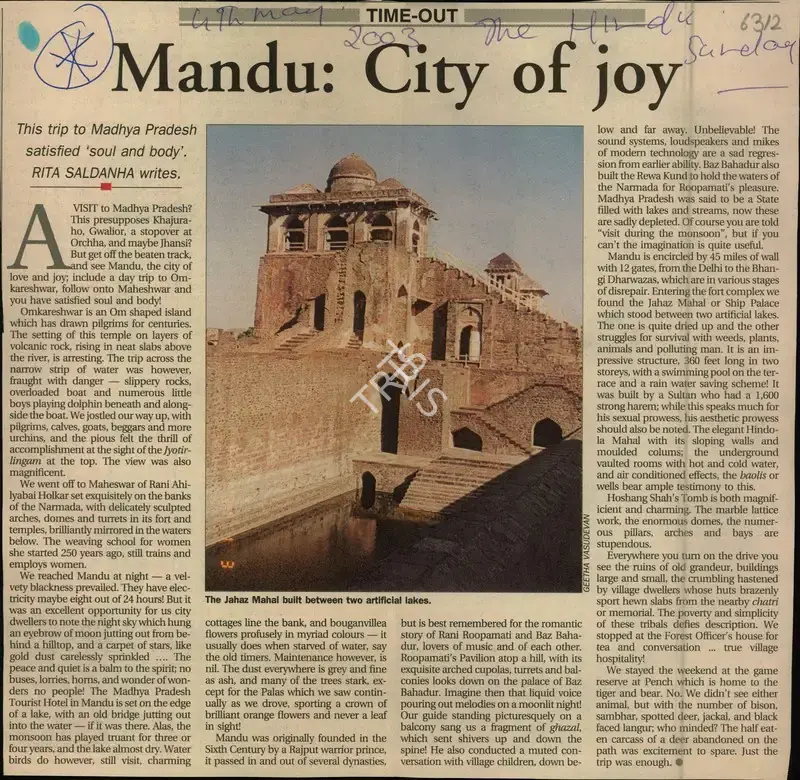 Rita Saldanha (Reporter), Mandu: City of Joy, 2003, Newspaper Clipping