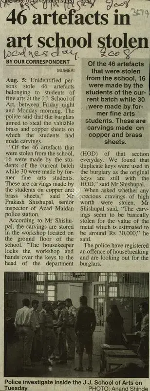 Anand Shinde (Photographer), 46 Artefacts in Art School Stolen, 2008, Newspaper Clipping