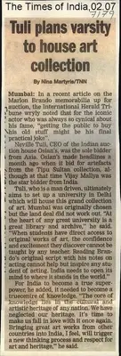 Nina Martyris (Reporter), Tuli plans Varsity to House art Collection, 2007, Newspaper Clipping