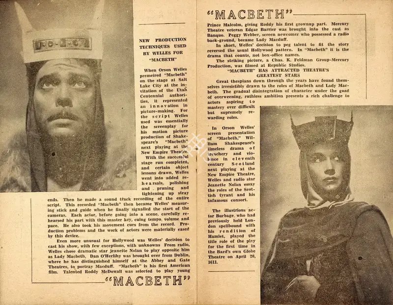 Orson Welles (Producer), Macbeth, 1948, Handbill
