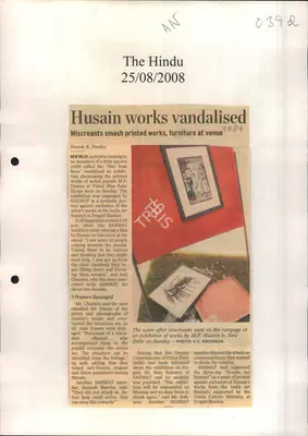 Devesh K. Pandey (Reporter), Husain Works Vandalised, 2008, Newspaper Clipping