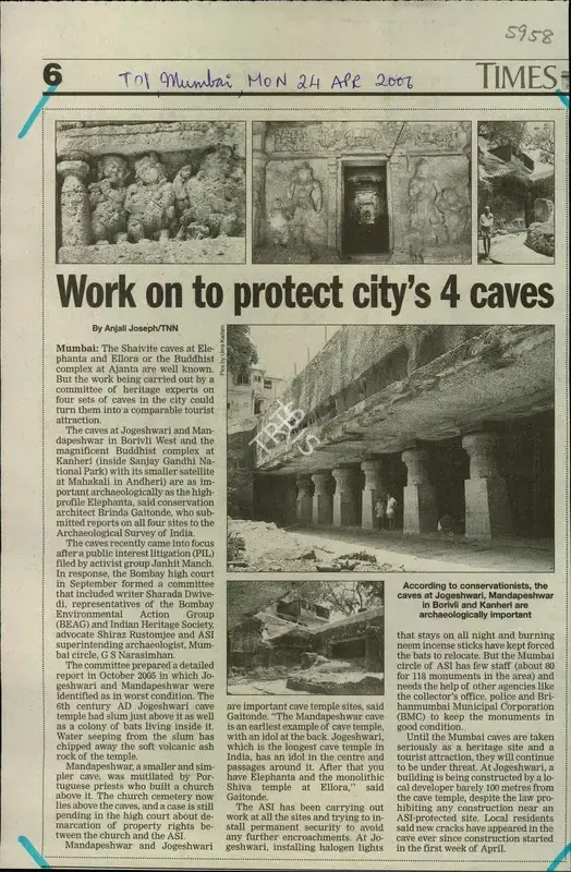 Anjali Joseph (Reporter), Work On to Protect City's 4 Caves, 2006, Newspaper Clipping