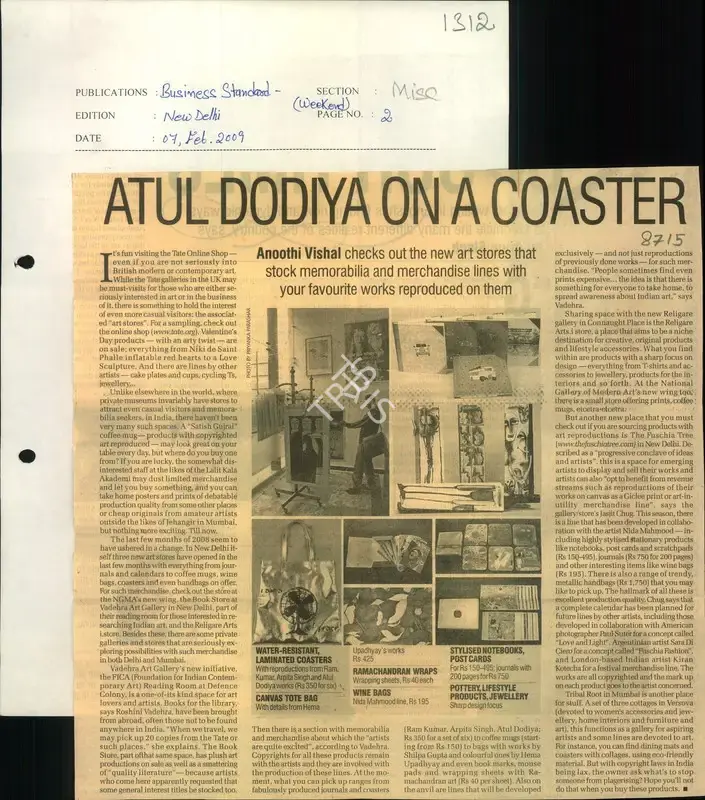 Anoothi Vishal (Reporter), Atul Dodiya On A Coaster, 2009, Newspaper Clipping