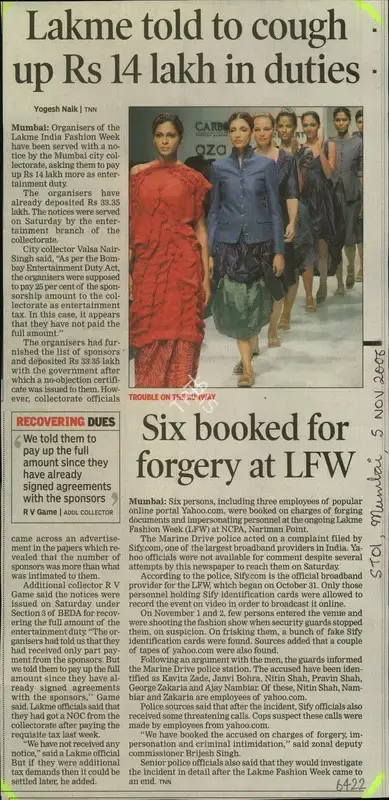 Yogesh Naik (Reporter), Lakme told to cough up Rs 14 lakh in duties, 2006, Newspaper Clipping