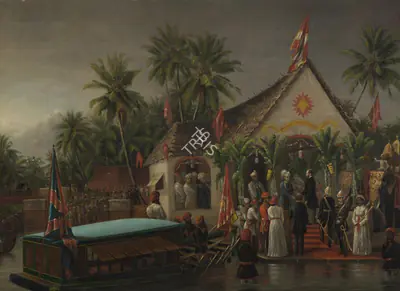 Raja Ravi Varma (Artist), The Maharaja of Travancore and his younger brother welcoming Richard Temple-Grenville, 3rd Duke of Buckingham and Chandos, Governor-General of Madras (1875-80), on his official visit to Trivandrum in 1880, 1881, Painting