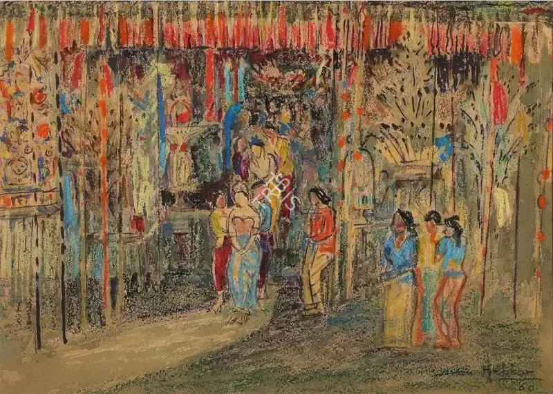 K.K. Hebbar (Artist), Untitled (At the temple gate, Bali), 1960, Painting
