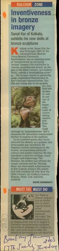Bachu Vishwanath (Reporter), Inventiveness in Bronze Imagery, 2003, Newspaper Clipping