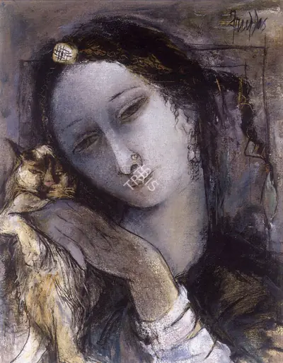 Arup Das (Artist), Girl With A Cat, Painting