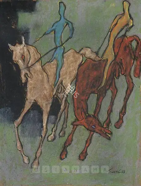 Sunil Das (Artist), Horses And Riders, 1958, Painting