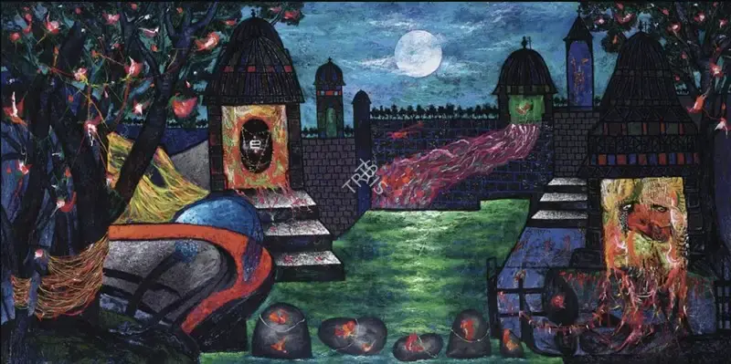 Manu Parekh (Artist), Temple Festival at Moonlight in Kashi, 2014, Painting
