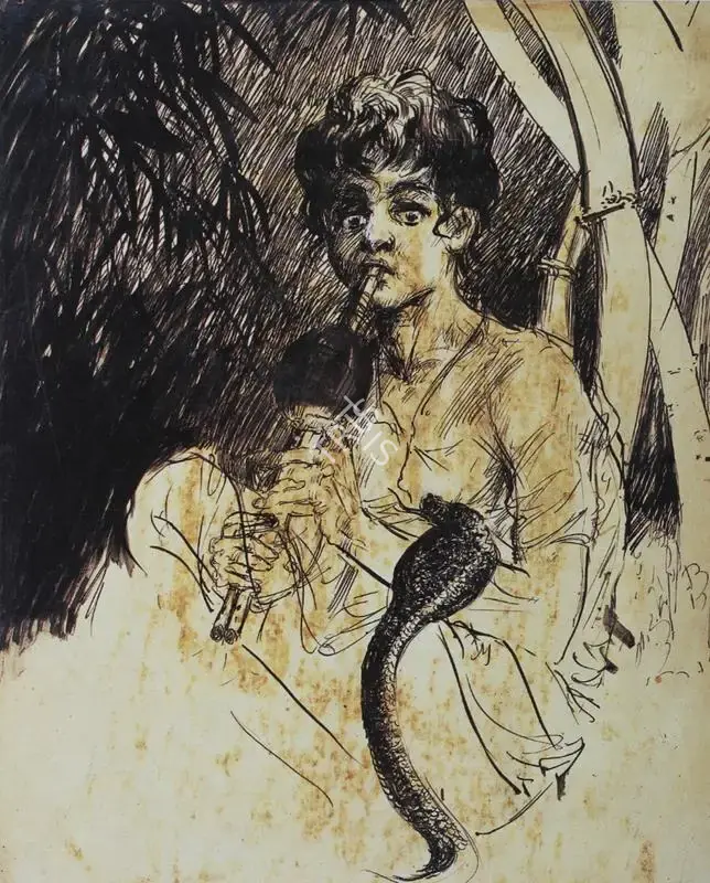 D.P. Roy Chowdhury (Artist), Snake Charmer, 1967, Drawing