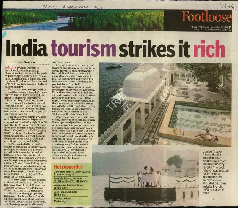 Soni Sangwan (Reporter), India Tourism Strikes it Rich, 2004, Newspaper Clipping