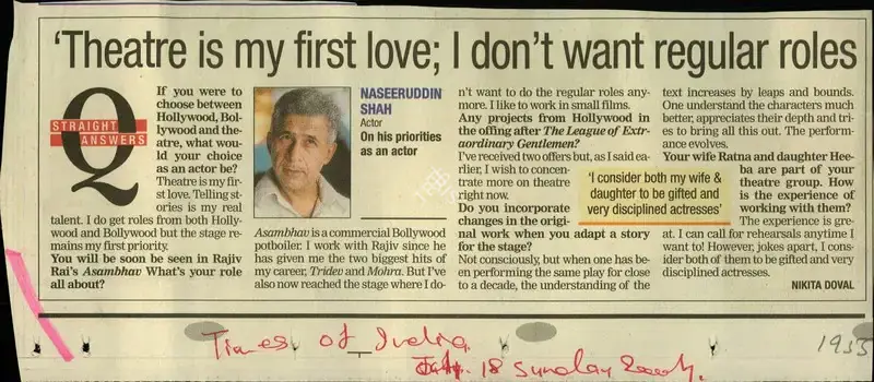 Nikita Doval (Reporter), Theatre is my first love; I don't want regular roles, 2004, Newspaper Clipping