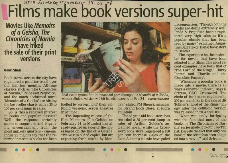 Gouri Shah (Reporter), Films Make Book Versions Super-Hit, 2006, Newspaper Clipping