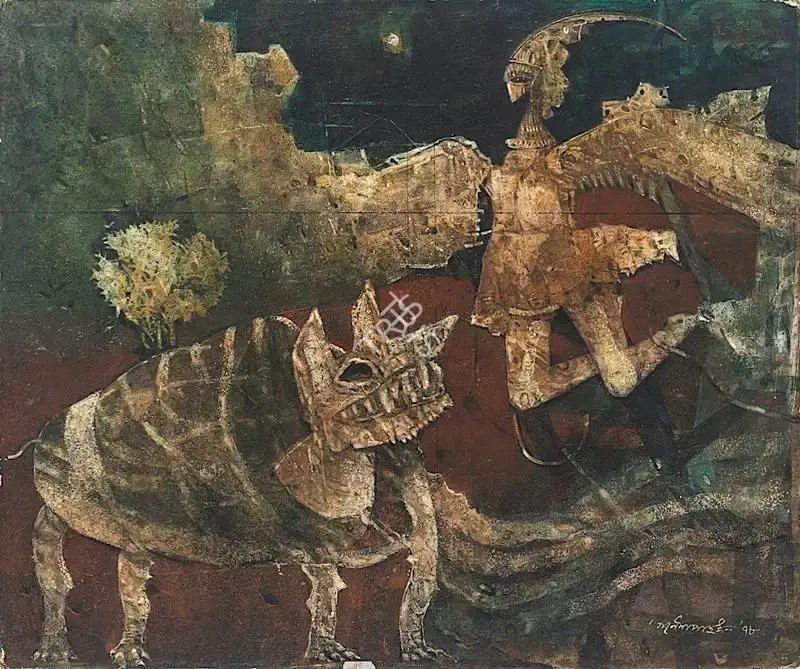 Ganesh Pyne (Artist), The Bird & The Beast, 1978, Painting