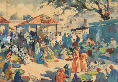 S.H. Raza (Artist), A Small town market where farmers are selling their produce, 1948, Painting