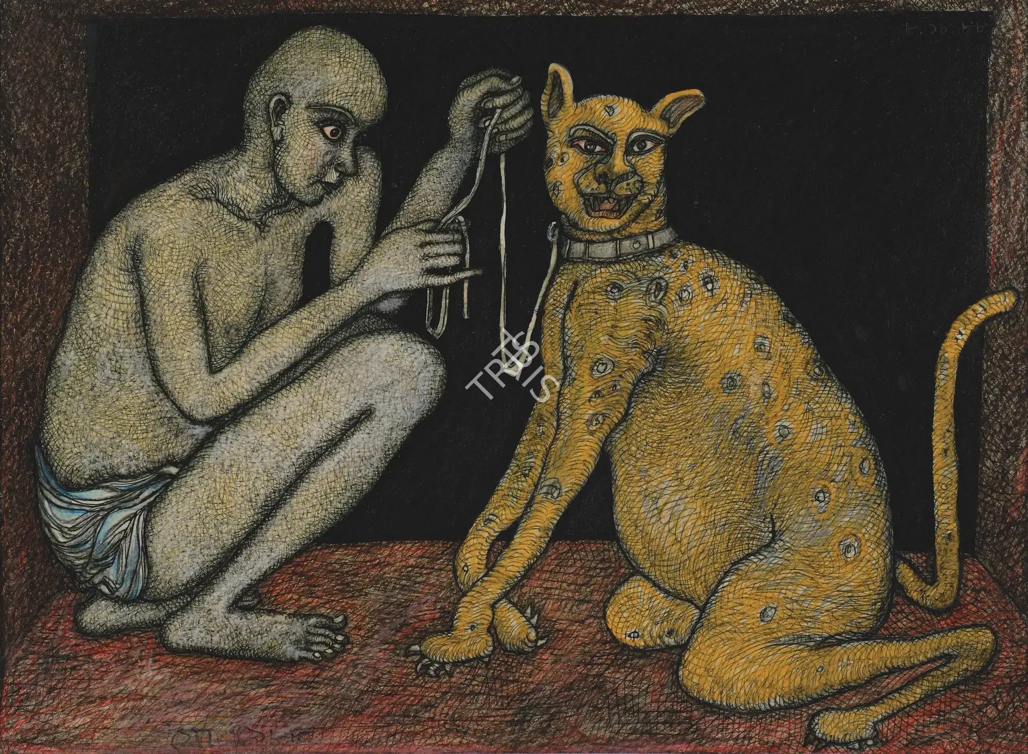 Jogen Chowdhury (Artist), Man With Cheetah, 1988, Drawing