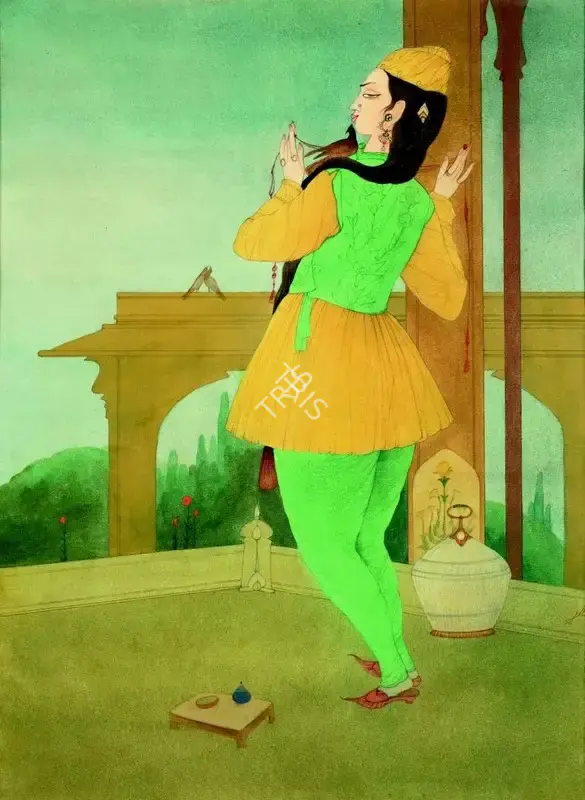 Chughtai, M.A.R. (Artist). Untitled (Lady with Bird), n.d. | Painting, Ch.NeY/17.09.15, 2015 · Christie's