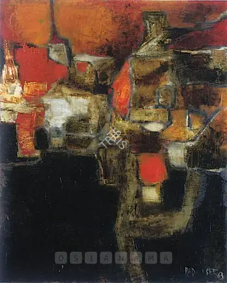 Akbar Padamsee (Artist), Village Aux Quatre Maisons Oranges, 1963, Painting