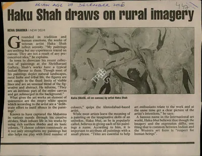 Neha Sharma (Reporter), Haku Shah Draws on Rural Imagery, 2005, Newspaper Clipping