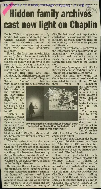 Hidden family Archives cast new light on Chaplin, 2005, Newspaper Clipping