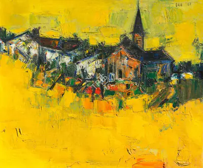 Raza, S.H. (Artist). Untitled (Paysage Jaune avec Eglise), 1957 | Painting, Ch.NeY/25.03.26, 2026 · Christie's