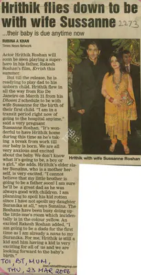 Rubina A. Khan (Reporter), Hrithik Files Down To Be With Wife Sussanne, 2006, Newspaper Clipping