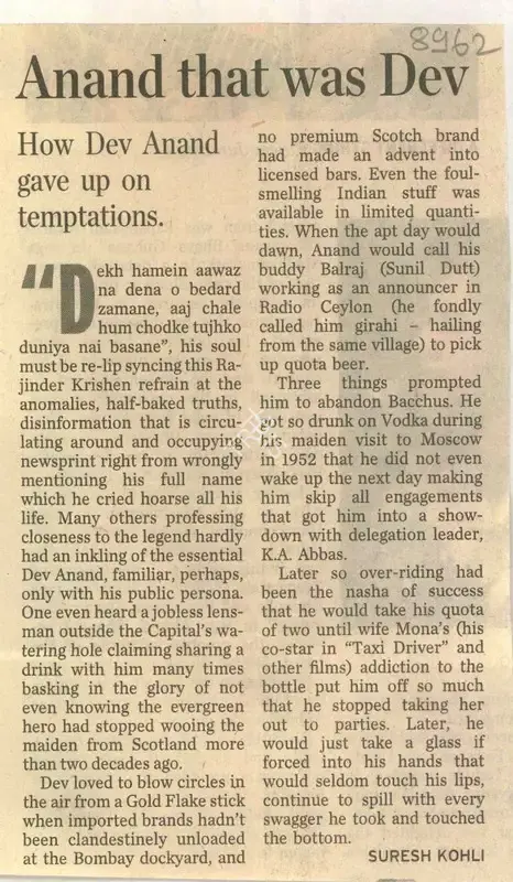 Suresh Kohli (Writer), Anand that was Dev, 2011, Newspaper Clipping